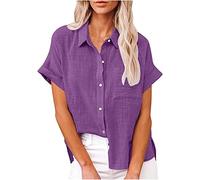 MQYXGS Damen Tops Leinen Revers Knopf T-Shirt Sommer Lose Oversized Shirt Einfarbig Bequem Tunika Top Hemd Oberteil Bluse(Lila/2XL)