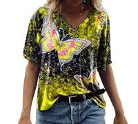 MQYXGS Damenbluse Schmetterlingsdruck Top V-Ausschnitt Kurzarm Shirt Plus Size Loose T-Shirt Bequeme Casual Tunika Tops Hemd Oberteil(Gelb/XL)