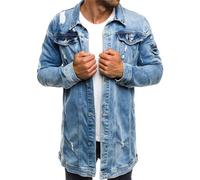 MQYXGS Herren lässige Jeansjacke mit zerrissenen Löchern und Knopfleiste Jeansmantel lässige leichte Herrenjacke lässige Jeanshemden langärmliges Hemd Baumwolle Gewaschene Jeansjacke Arbeitshemd