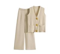 Mrat Ärmelloser Trainingsanzug für Damen, Loungewear, 2-teilig, V-Ausschnitt, Knopfleiste, Tops, Pullover, Taschen, elastische Taille, weites Bein, Sweathose, Co-Ord-Sets, Homewear Übergröße