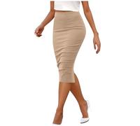 Mrat Bleistiftrock für Damen, hohe elastische Taille, knielang, Midi-Bleistiftrock, elegant, Arbeit, Büro, enge Röcke, Stretch, schmale Passform, figurbetont, lässig, Basic, Business, Alltag, Khaki