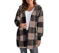 Mrat Damen-Mantel, kariert, flauschig, Fleece, Kapuzenpullover, Plüsch, warm, Winterjacke, Sherpa, flauschig, offene Vorderseite, Jacke, Übermantel, Teddy, Doppel-Fleece, Thermo-Pullover, Tops