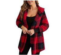 Mrat Damen-Mantel, kariert, flauschig, Fleece, Kapuzenpullover, Plüsch, warm, Winterjacke, Sherpa, flauschig, offene Vorderseite, Jacke, Übermantel, Teddy, Doppel-Fleece, Thermo-Pullover, Tops