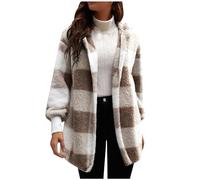Mrat Damen-Mantel, kariert, flauschig, Fleece, Kapuzenpullover, Plüsch, warm, Winterjacke, Sherpa, flauschig, offene Vorderseite, Jacke, Übermantel, Teddy, Doppel-Fleece, Thermo-Pullover, Tops