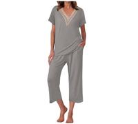 Mrat Damen-Pyjama-Set, 2-teilig, kurzärmelig, Spitze, V-Ausschnitt, Nachtwäsche, Top, Caprihose, Pyjama-Set, kurze Hose, Sets mit Taschen, Co-Ord-Sets, Sommer, lässige Loungewear, Nachtwäsche, weicher