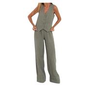 Mrat Damen-Weste und Hose, Set aus Baumwollleinen, Sommer-Trainingsanzug, komplettes Set, 2-teiliges Outfit, ärmellos, V-Ausschnitt, Knopf, Weste, weite Beinhose, 2-teiliger Blazer, Anzug, Business