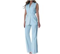 Mrat Damen-Westen- und Hosen-Set, Anzüge, 2-teiliges Set, eleganter Blazer-Anzug, ärmellos, Blazer-Weste, mit Gürtel, weites Bein, Hose, Business, Arbeit, Büro, Anzug, schmale Passform, Anzug für