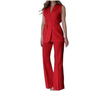 Mrat Damen-Westen- und Hosen-Set, Anzüge, 2-teiliges Set, eleganter Blazer-Anzug, ärmellos, Blazer-Weste, mit Gürtel, weites Bein, Hose, Business, Arbeit, Büro, Anzug, schmale Passform, Anzug für