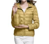 Mrat Daunenjacke für Damen, leichte Kapuze, Pufferjacke, verstaubar, Daunenfederjacke, lässig, lockere Steppjacke, einfarbig, gepolsterte Jacken, Blasen-Jacke, Übermäntel, Winter, warme Outwear, gold,