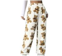 Mrat Fleece-Hose für Damen, Winter, warm, flauschig, Sherpa-Hose, Teddybär-Druck, Schlafanzughose, weich, bequem, Sweathose, lockere Passform, schmale Passform, Yogahose, Nachtwäsche, Loungewear, Weiß
