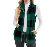 Mrat Fleece-Weste für Damen, kariert, Teddy-Fleece-Weste, Reißverschluss, ärmellos, Cardigan, warme Revers-Weste mit Taschen, Winter-Bodywarmer, thermisch gepolsterter Weste, Büro, armee-grün, 46