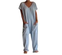 Mrat Jumpsuits für Damen, Übergröße, Sommer, V-Ausschnitt, kurze Ärmel, Overall, weites Bein, gerade Hose, lässig, lockere Latzhose, Baggy, Oversize-Spielanzug mit Taschen, Loungewear, Ausgehen,