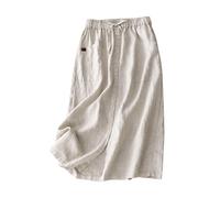 Mrat Leinenröcke für Damen, Sommer, A-Linie, fließend, lässig, Kordelzug, elastisch, hohe Taille, Knopfleiste, Midi-Röcke mit Schlitz, Baumwoll-Leinen, Swing-Rock, Ausgehen, Arbeit, Büro, Verkauf