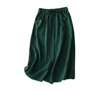 Mrat Leinenröcke für Damen, Sommer, A-Linie, fließend, lässig, Kordelzug, elastisch, hohe Taille, Knopfleiste, Midi-Röcke mit Schlitz, Baumwoll-Leinen, Swing-Rock, Ausgehen, Arbeit, Büro, Verkauf