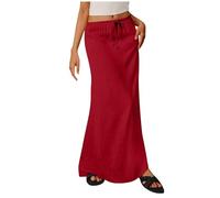 Mrat Maxirock für Damen, aus Leinen, Sommer, langer Rock, eleganter Bleistiftrock mit Kordelzug, figurbetont, elastischer Taillenrock, schmeichelhaft, A-Linie, Skater-Swingkleid, Büro, Arbeit, Party
