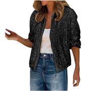 Mrat Paillettenjacke für Damen, glitzernde Pailletten, Bomberjacke, Mantel, langärmelig, Reißverschluss vorne, glitzernd, Biker, glänzend, Club, Party, Club, Metallic, Festival, Outfit, Schwarz , XL