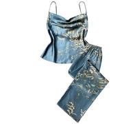 Mrat Schlafanzug für Damen, Seide, weicher Satin, elegant, zweiteilig, Pyjama, Blumendruck, Nachtwäsche, weiche Pyjama-Sets, Loungewear, bequeme Sets, langärmelig, Knopfrevers, Pyjama, weites Bein