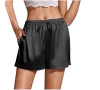 Mrat Shorts für Damen, Satin, Seide, Schlafanzughose, Kordelzug, elastische Taille, Shorts, Taschen, Loungewear, Nachtwäsche, Homewear Dessous, Slips, Höschen, Hotpants, weites Bein, lockere Culotte