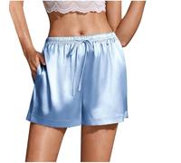 Mrat Shorts für Damen, Satin, Seide, Schlafanzughose, Kordelzug, elastische Taille, Shorts, Taschen, Loungewear, Nachtwäsche, Homewear Dessous, Slips, Höschen, Hotpants, weites Bein, lockere Culotte