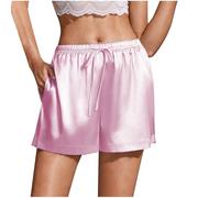 Mrat Shorts für Damen, Satin, Seide, Schlafanzughose, Kordelzug, elastische Taille, Shorts, Taschen, Loungewear, Nachtwäsche, Homewear Dessous, Slips, Höschen, Hotpants, weites Bein, lockere Culotte