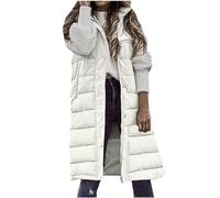 Mrat Steppweste für Damen, lange Weste, mit Kapuze, ärmellos, Puffer-Daunenmantel, leicht, weich, mit Taschen, lange Bodywarmer Winterjacke, Reißverschluss, Maxi-Weste, bequeme Oberbekleidung, Weiß