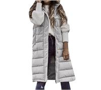 Mrat Steppweste für Damen, lange Weste, mit Kapuze, ärmellos, Puffer-Daunenmantel, leicht, weich, mit Taschen, lange Bodywarmer Winterjacke, Reißverschluss, Maxi-Weste, bequeme Oberbekleidung, Grau