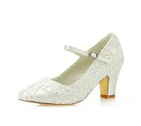 Mrs Right 62311C Damen Brautschuhe Closed Toe Chunky Heel Spitze Satin Pumps Hochzeitsschuhe Farbe Elfenbein,Größe 36 EU