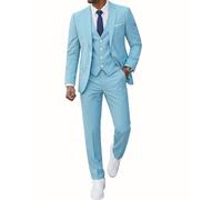 MrSure Men’s 3 Piece Suit Blazer, Slim Fit Tux with One Button, Jacket Vest Pants & Tie Set for Party, Wedding and Business Sky