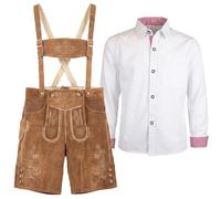 MS-Trachten Trachtenset Leo Hellbraun Kinder Lederhose mit weißem Trachtenhemd mit feinkarierten Details - Trachtenhose mit Hemd