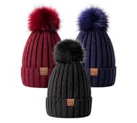 MSDC Beanie Mütze Damen mit Bommel 3 Stück, Modisch Gestrickte Warme Totenkopfmütze für Winter und Kaltes Wetter (Schwarz+Marine+Burgund)