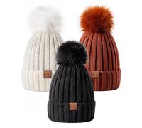 MSDC Beanie Mütze Damen Mit Bommel 3 Stück, Modisch Gestrickte Warme Totenkopfmütze für Winter und Kaltes Wetter (Schwarz+Weiß+Dunkelorange)
