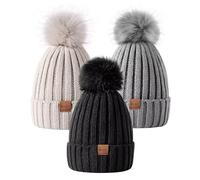 MSDC Beanie Mütze Damen mit Bommel 3 Stück, Mütze Damen Winter Modisch Gestrickte Warme Totenkopfmütze, Mütze Damen für Kaltes Wetter(Schwarz+Beige+Grau)
