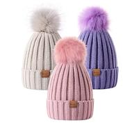 MSDC Beanie Mütze Damen mit Bommel 3 Stück, Mütze Damen Winter Modisch Gestrickte Warme Totenkopfmütze, Mütze Damen für Kaltes Wetter(Beige+Rosa+Violett)