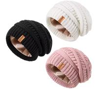 MSDC Satin Gefütterte Slouchy Mütze Damen Winter 3 Stück, Beanie Mütze Damen Herren Übergroß Warmer Strick Dick für Kaltes Wetter(Schwarz+Weiß+Rosa)