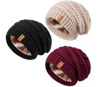MSDC Satin Gefütterte Slouchy Mütze Damen Winter 3 Stück, Beanie Mütze Damen Herren Übergroß Warmer Strick Dick für Kaltes Wetter(Schwarz+Haferflocken+Burgund)