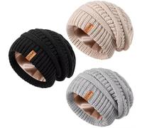 MSDC Satin Gefütterte Slouchy Mütze Damen Winter 3 Stück, Beanie Mütze Damen Herren Übergroß Warmer Strick Dick für Kaltes Wetter(Schwarz+Haferflocken+Hellgrau)