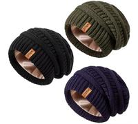 MSDC Satin Gefütterte Slouchy Mütze Damen Winter 3 Stück, Beanie Mütze Damen Herren Übergroß Warmer Strick Dick für Kaltes Wetter(Schwarz + Armeegrün + Marineblau)