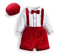 MSemis Baby Jungen Festlich 3 Stück Samt Kleidung Set Kurzarm Strampler Shirt Hosenträger Hose Mütze Hochzeit Geburtstag Weihnachten Anzug Gentleman Outfits Rot 68-74