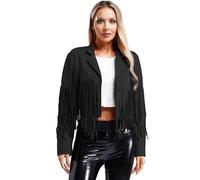 MSemis Damen Kunstleder Jacke mit Fransen Langarm Bolero Motorradjacke Quasten Mantel Offene Front Übergang Jacke Schwarz M