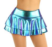 MSemis Damen Lederrock Metallic Faltenrock Mini Skater Rock kurz Plisseerock Basic Low Rise Röcke Party Silber/Gold/Schwarz A Blau-grün M
