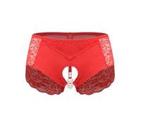 MSemis Damen Tanga Slip mit Floraler Spitze Transparenter Panties Offener Schritt Sissy Bikini Höschen Unterhose Unterwäsche Reizwäsche Rot 3XL
