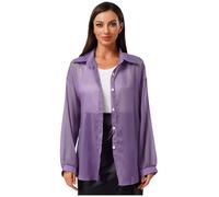 MSemis Damen Transparentes Bluse Langärmelig mit Reverskragen Cardigan Shirt Elegant Tops Basic Jäckchen Sonnenschutz Oberteil für Strand Urlaub und Alltag Violett XXL