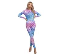 MSemis Frauen Meerjungfrau Cosplay Fischschuppen Druck Jumpsuit Lange Ärmel Ganzkörper Strampler Bodysuit Badeanzug Faschingskostüm Typ G M