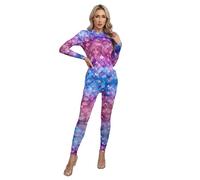 MSemis Frauen Meerjungfrau Cosplay Fischschuppen Druck Jumpsuit Lange Ärmel Ganzkörper Strampler Bodysuit Badeanzug Faschingskostüm Typ A M