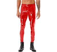 MSemis Herren Lack Leder Hose Pants Wetlook Leggings Skinny mit Reißverschluss Elastisch Lackoptik Lederhose Slim Fit Rot L