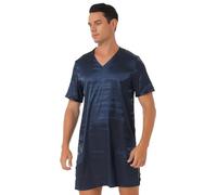MSemis Herren Satin Nachthemd Kurz Schlafanzug Sissy Nachtkleid Sommer Einteiliger Kurzarm Negligee Nachtwäsche M-XXL Navy_Blue L