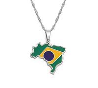 MTCDBD Brasilien-Karten-Halskette Für Unisex-Schmuck, Brasilien-Karten-Anhänger Mit Flagge, Partykleid, Zubehör, Ethno-Stil, Patriotisches Symbol, Halskette, Geschenk, Silber, 60 cm Kette