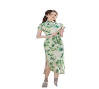 MTCDBD Damen Cheongsam/Stehkragen Schlitzdruck 3XL Große Größe/Sommer Sexy Chinesisches Cheongsam Temperament Schlankes Retro Cheongsam Chinesischer Stil Cheongsam Kleid Abendkleid,Grün,M