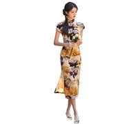 MTCDBD Damen Cheongsam/Stehkragen Schlitzdruck 3XL Große Größe/Sommer Sexy Temperament Selbstkultivierung Retro Chinesischer Cheongsam Chinesischer Stil Cheongsam Abendkleid,Gelb,S