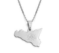 MTCDBD Italien-Sizilien-Karte Halskette Für Unisex-Schmuck, Italienischer Sicilia-Anhänger, Partykleid, Accessoires, Ethno-Stil, Patriotisches Symbol, Halskette, Geschenk, Silber, 60 cm Kette